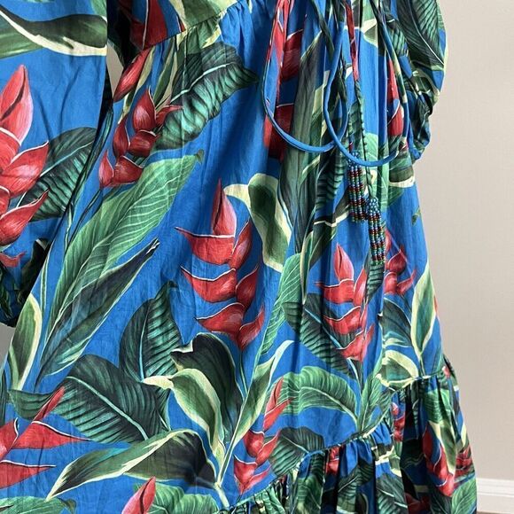 Farm Rio Dream Garden Floral Midi Dress S Puff Sleeve Colorful Tropical Poplin - Picture 14 of 16